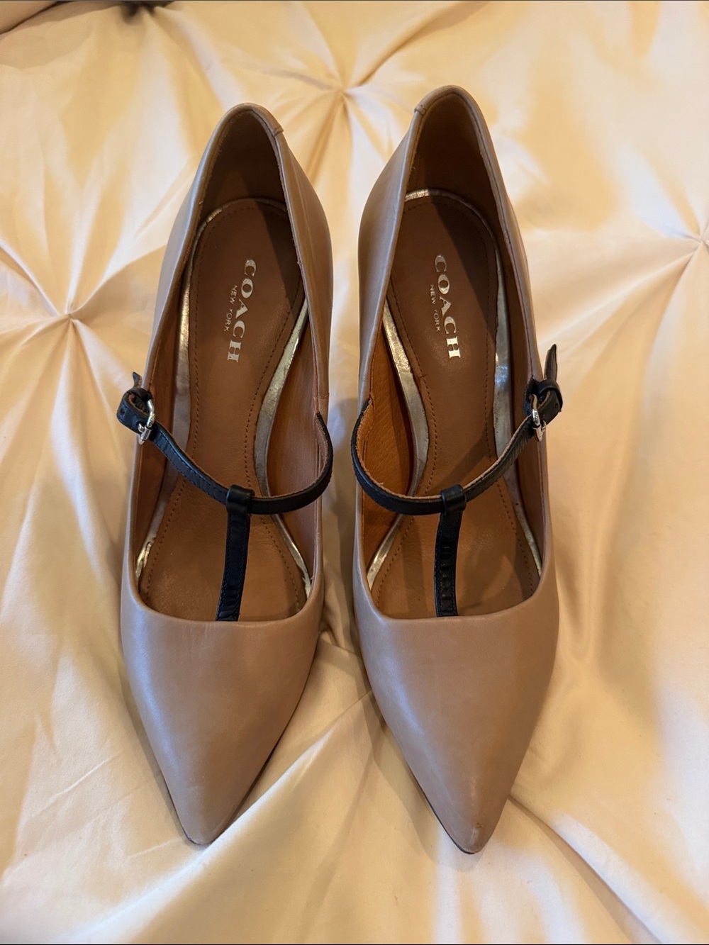 Coach Beige Pointed-Toe Mary Jane Heels with Black Strap